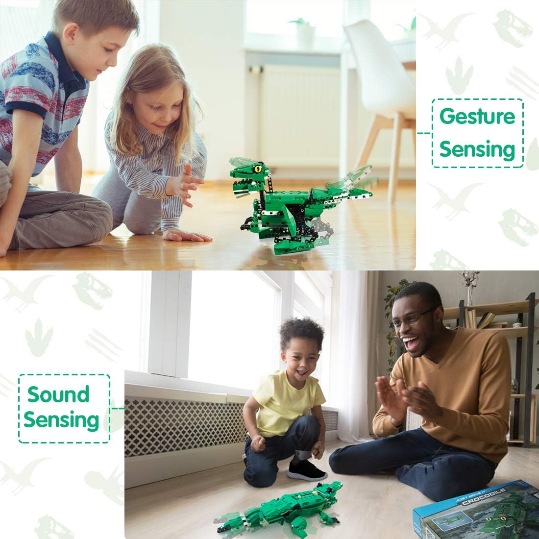 Children interacting with the VERTOY dinosaur and crocodile toys using gesture and sound sensing.