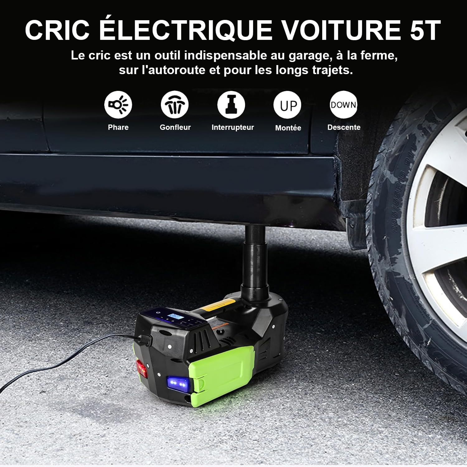 VOBOR Cric Électrique Voiture 5T, 4 in 1 Cric Hydraulique 12V avec Écran LCD et Pompe de Gonflage des Pneus, 150-450mm Leve pour Voiture Pickup Changement de Pneu Garage Réparation