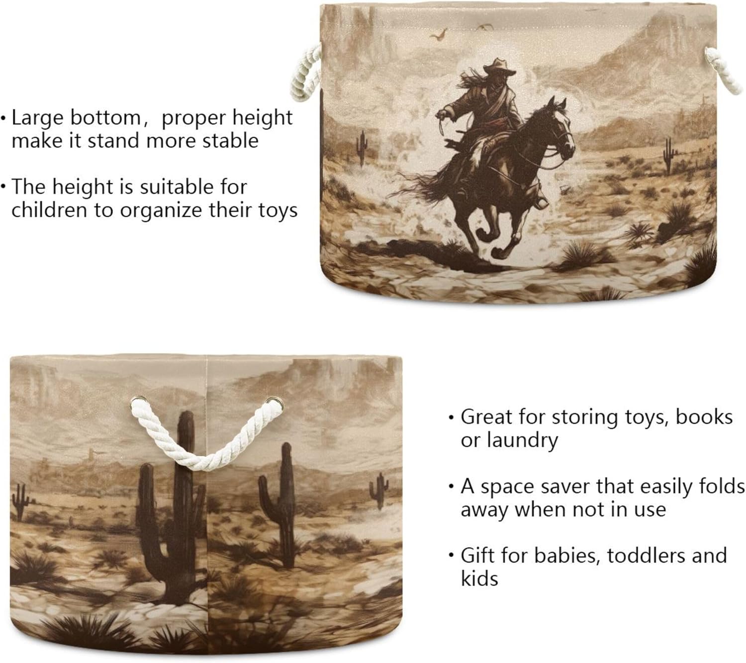 xigua Western Desert Cowboy Cotton Rope Storage Basket with Handles Large Baby Laundry Basket Round Collapsible Blanket Basket Shelf Closet Organizer for Nursery Toys Clothes