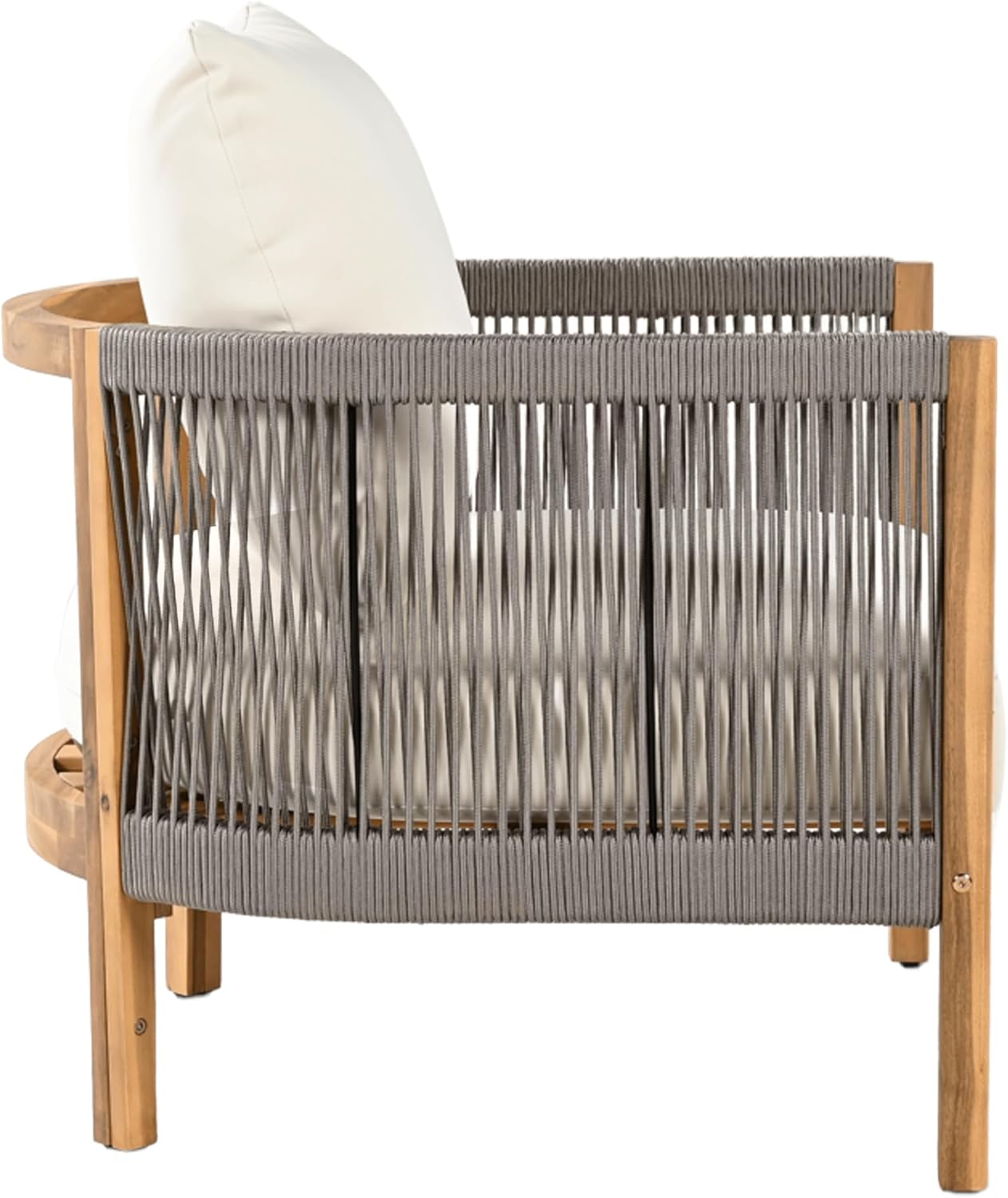 Christopher Knight Home Havets Patio Club Chairs Set of 2, Acacia Wood Accent Chair, Woven Rope Open Back Armchair, 6" Thick Cushion, Comfort Single Sofa Chair for Balcony Backyard Garden, Gray+Beige
