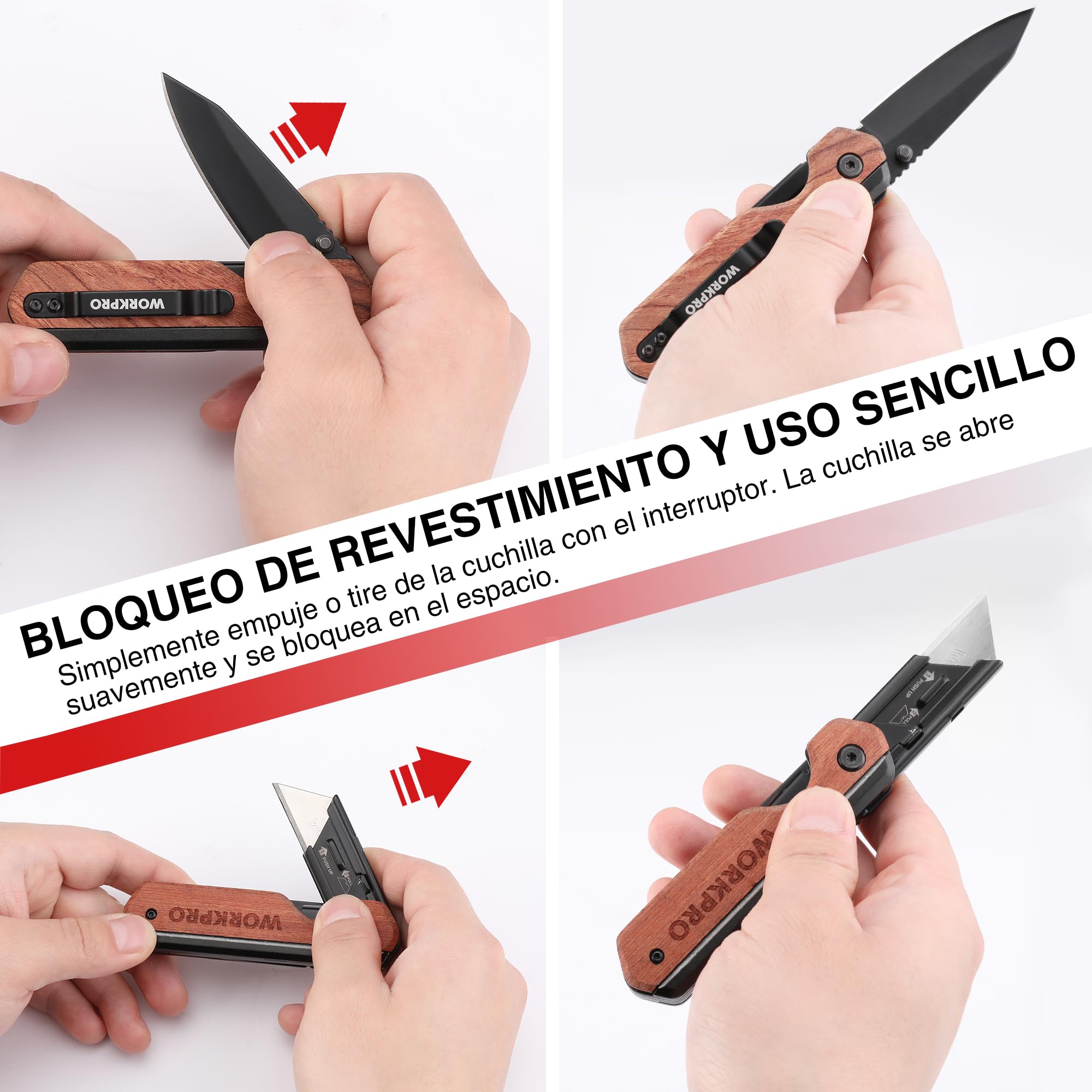 WORKPRO Cuchillo Plegable y Navaja 2 en 1, Cuter Utilitario de Aluminio, Navaja con Mango de Madera y Clip para Cinturón, Cambio Rápido, con 10 Cuchillas SK5 Extra