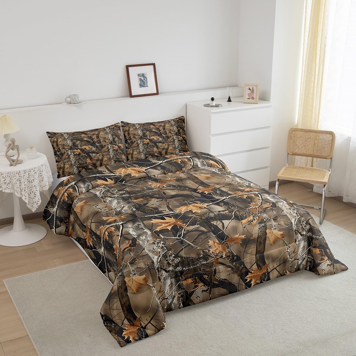 Feelyou Camo Comforter Set Queen Size for Men Boys Adults Kid Hunting Camouflage Tree Bedding Set Boho Cabin Hunting Down Comforter Forest Rustic Farmhouse Room Decor Quilt Set 2 Pcs