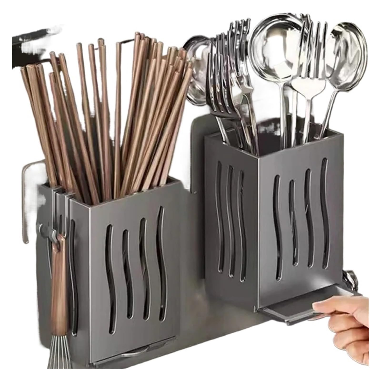 Multifunctional Cutlery Holder With Drip Tray And Hooks For Spoons Forks