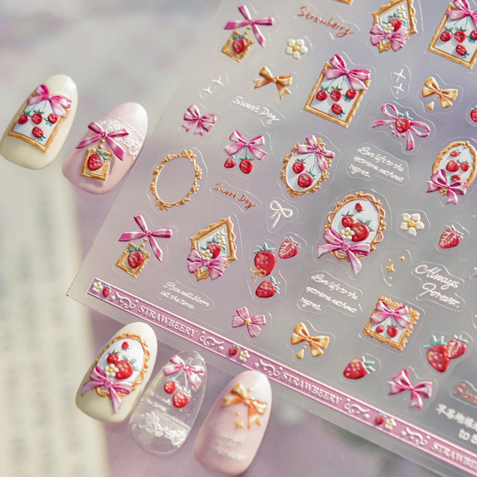 Strawberry &amp; Bow Nail Stickers for Nail Art - Retro Frame Design 5D Embossed Self Adhesive Nails Decals for Women Manicure DIY Decoration Accessories Supply Charms (1 Sheet)