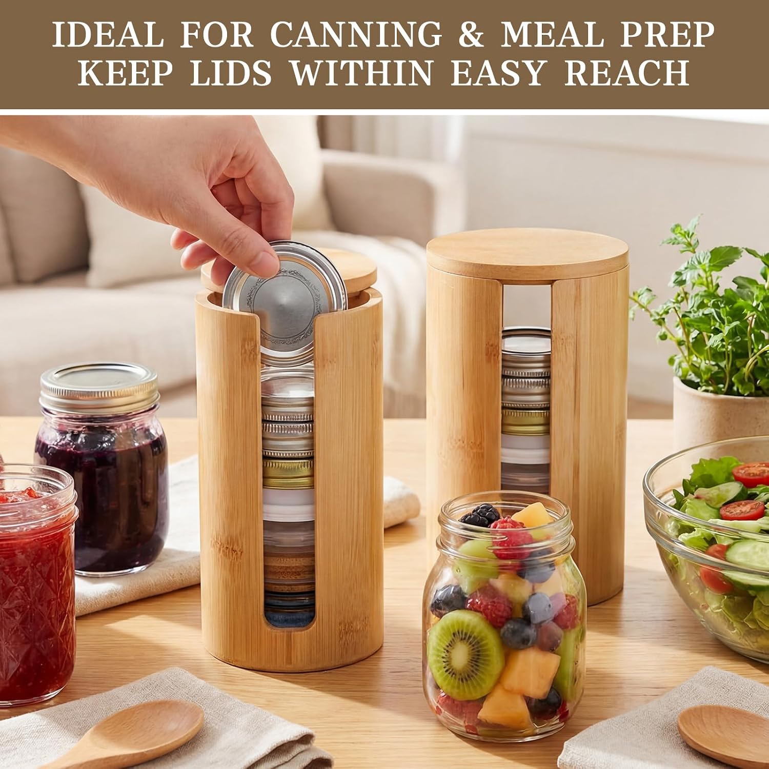 Sliner 2 Pack Mason Jar Lid Organizer Bamboo Stackable Organizer for Regular and Wide Mouth Mason Jar Lid Storage Accessories for Home