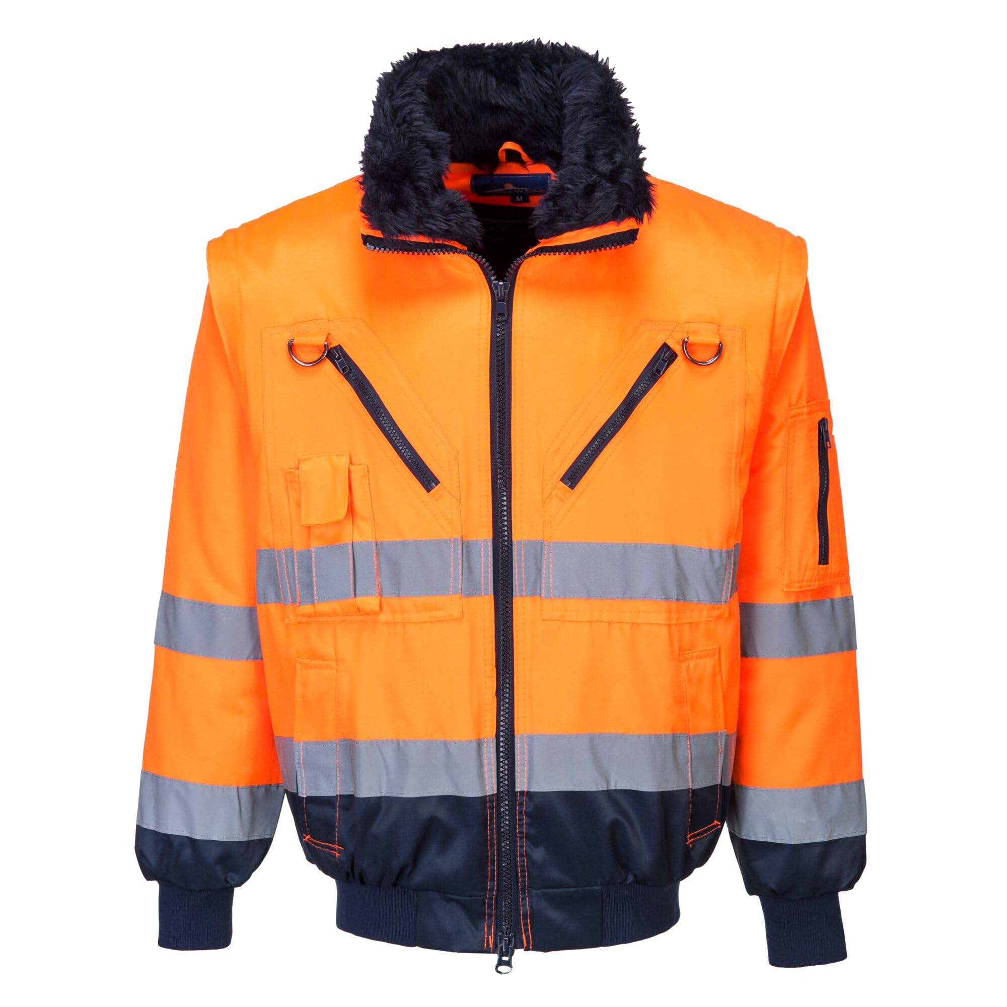 Portwest PJ50 Hi-Vis 3-in-1 Pilot Jacket Waterproof Reflective Workwear Coat Detachable Sleeves Fur Liner Multi-Pocket Fleece Lining EN ISO 20471 Certified, Orange/Navy 4XL