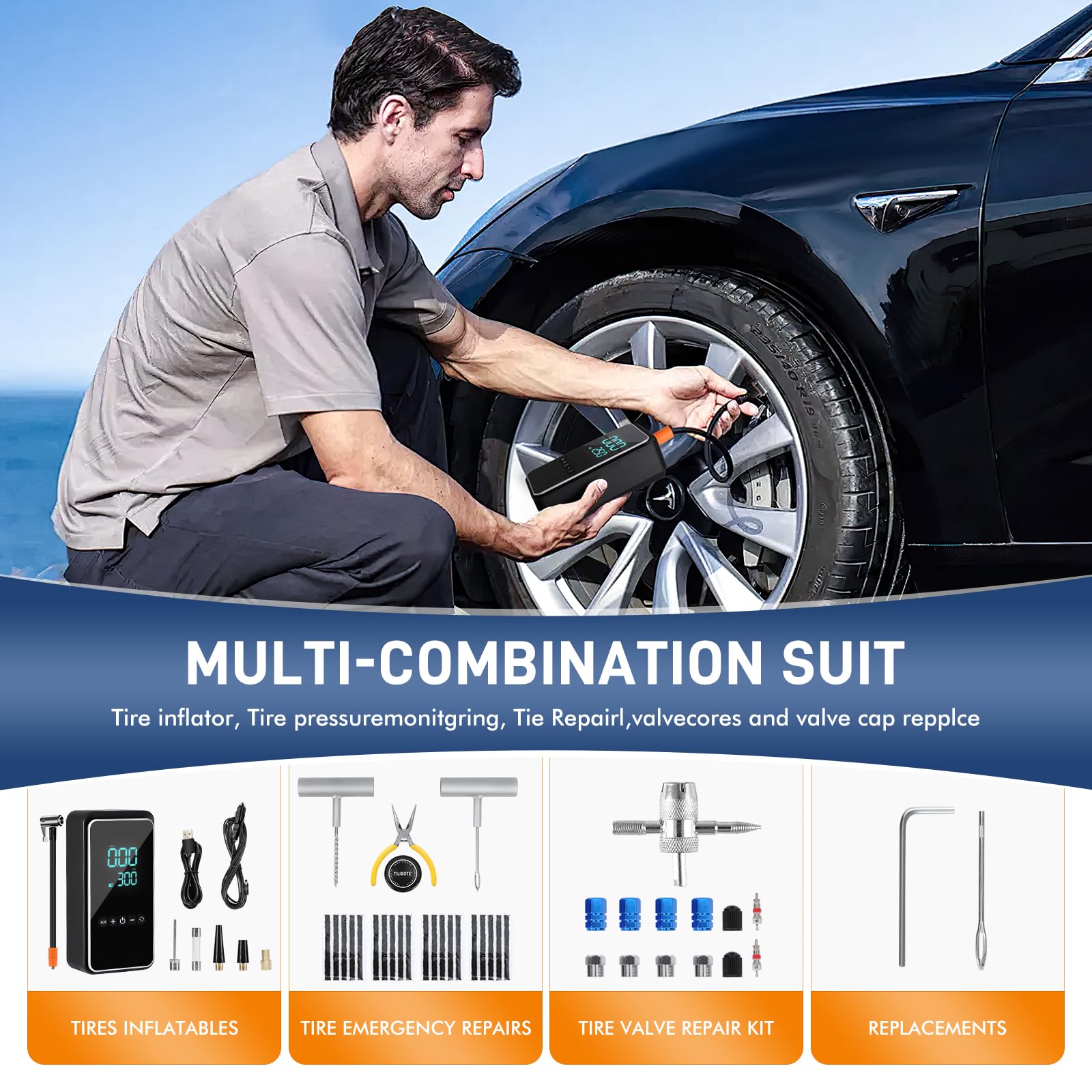 TILIBOTE Tire Repair Kit,50PCS Tire Inflator Portable Air Compressor with 24000mwh Cordless Air Pump (150 PSI) for MPVs, Cars, E-Bikes and Motorcycles