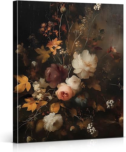 Vintage Fall Flowers Canvas Wall Art Print Dark Moody Botanical Picture Painting Artwork Floral Wall Decor for Home Farmhouse Living Room Bedroom