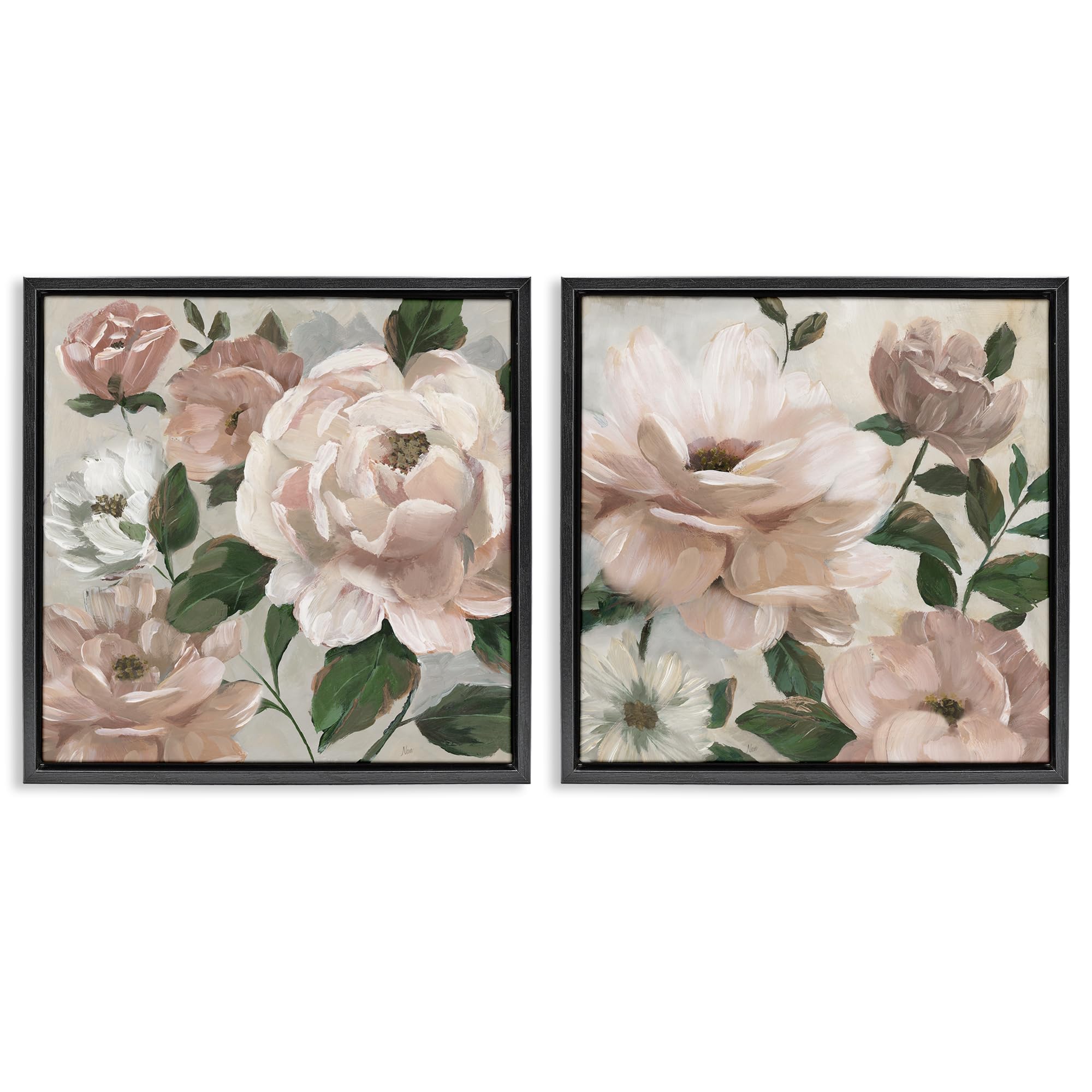 Stupell Industries 'Elegant Blush Peonies & Leaves', 2pc Floating Frame Art Set 2, Black, 18 x 18 Inches, Easy to Hang and Sturdy, Made in USA, by Nan