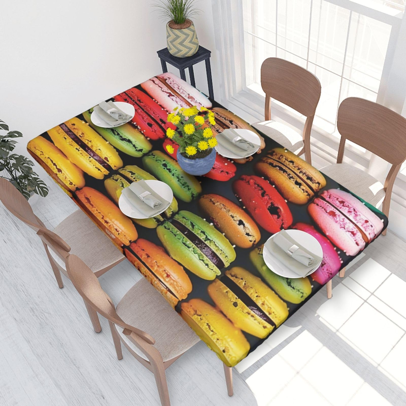 kkvhhyuo Rectangle Table Cloth Macaron Biscuit Flavored Pastries Print Fitted Tablecloth 4FT with Elastic Edge Table Cover for Kitchen Dining Room Outdoor Patio Party
