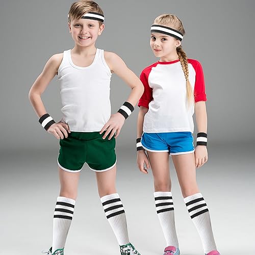 Miniatura 7 de Juego de 10 bandas para el sudor a rayas y calcetines a rayas, bandas para el sudor de muñeca para hombres y mujeres, deportes de los años 80 y 90