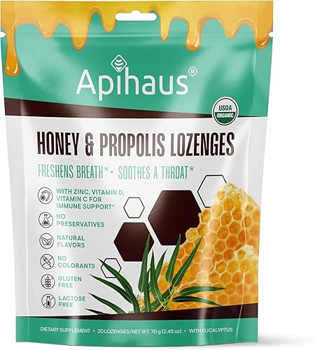 Pastillas de miel y propóleo con eucalipto, refresca el aliento, alivia la garganta, apoyo inmunológico con vitamina C, vitamina D y zinc, 20