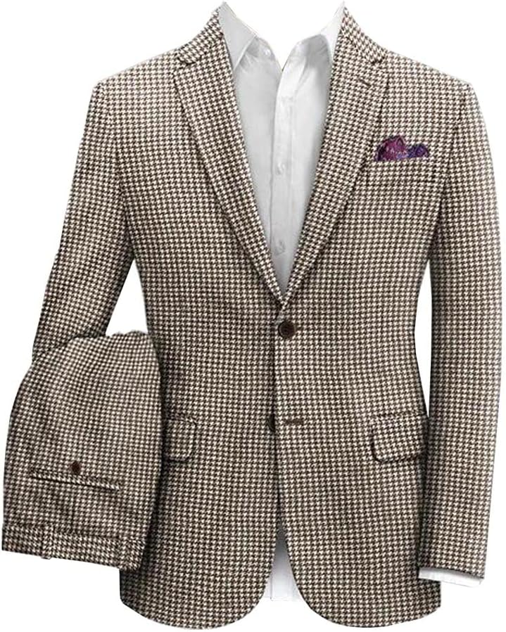 Houndstooth Dogstooth Plaid Slim Fit Notch Lapel Blazer Tuxedo Prom Casual 2 Pieces Suit Jacket & Pants