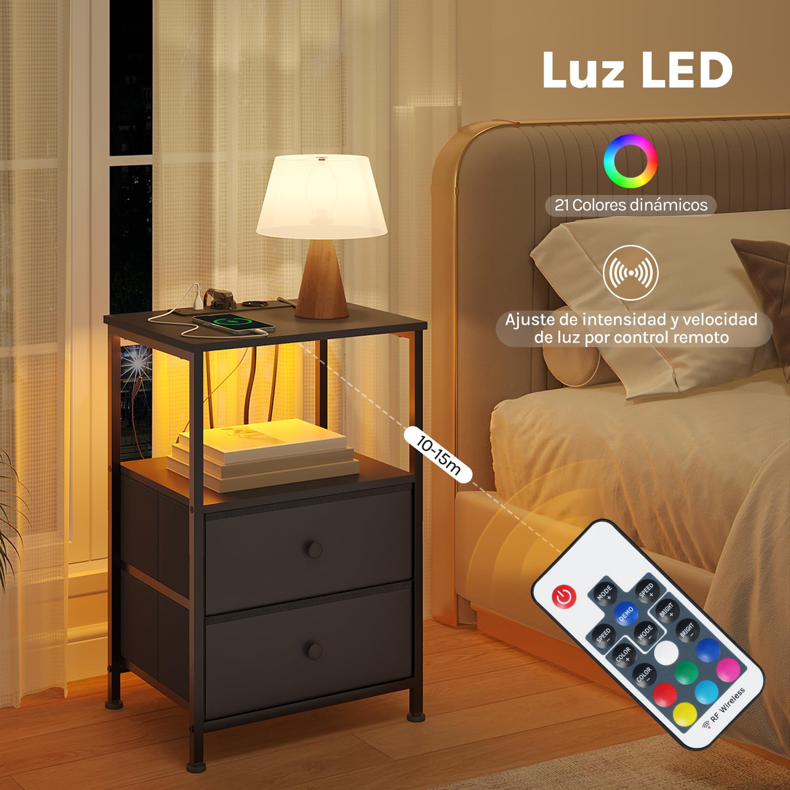 WOLTU Mesita Noche con Enchufes, Mesa Auxiliar Luz LED, 2 Cajones de Tela y Estantes Abiertos, Mesilla de Noche Negra, para Salón, Dormitorio y Oficina, Metal + MDF, NTS27sz | 2 cajones de tela y estantes abiertos, mesilla de noche inteligente para salón,