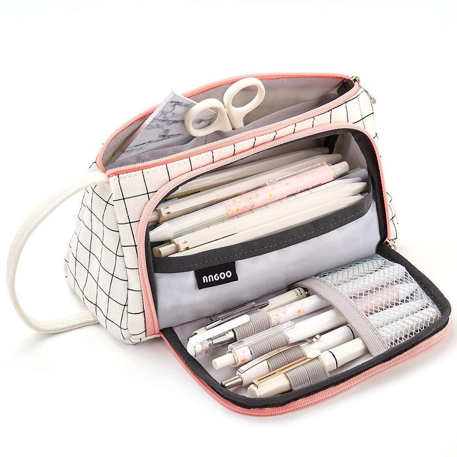 Nyganmelloz Big Capacity Pencil Case Pouch Canvas High Large Storage Pouch Marker Pen Case Multi-slot Pen Bag Stationery Storage for Student College Office Adults Teens- White Plaid