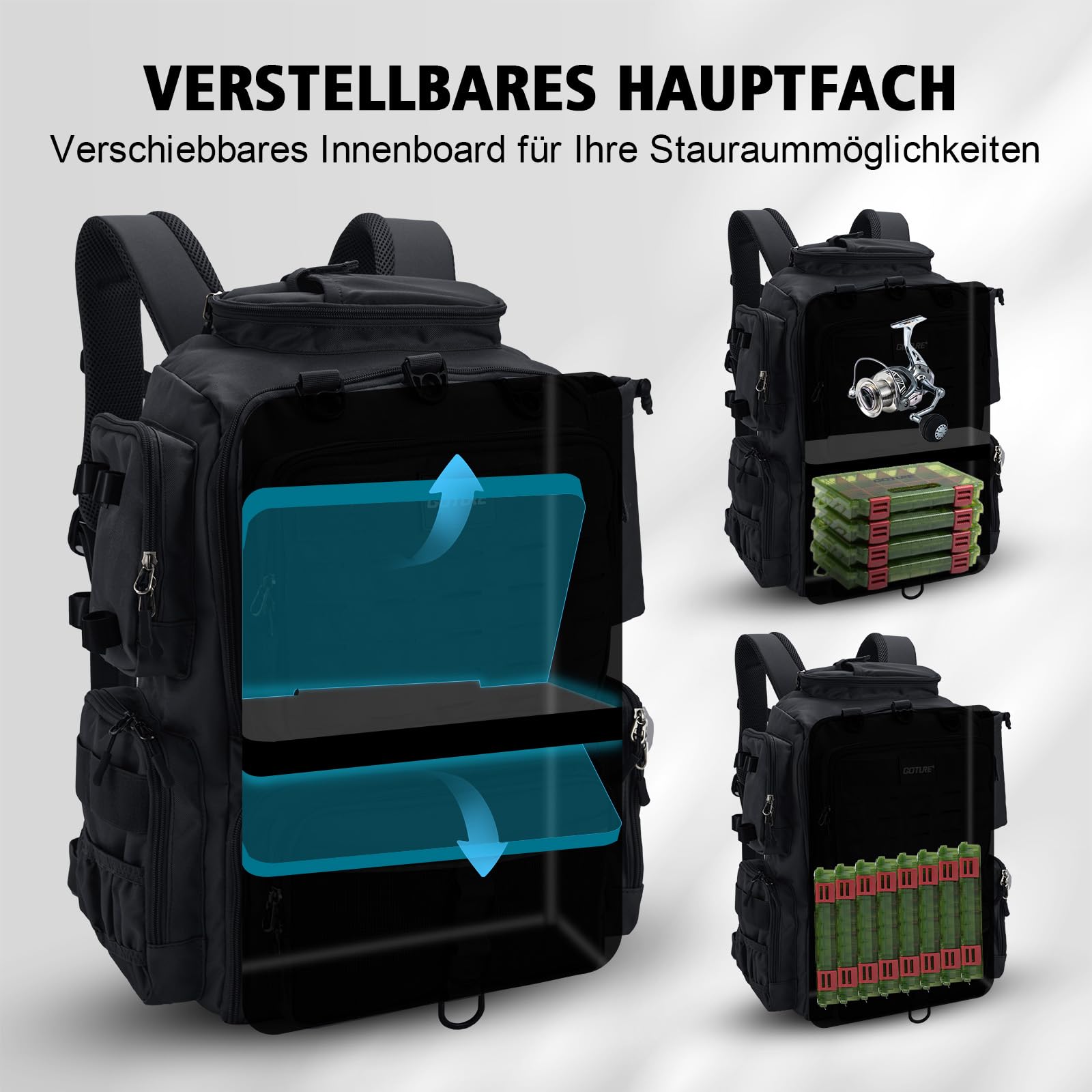 Goture Mochila de pesca con dos soportes para cañas de pescar y protector de lluvia, bolsa impermeable para aparejos de pesca con compartimento ajustable y 8 bolsillos para cebo, mochila de 45 litros