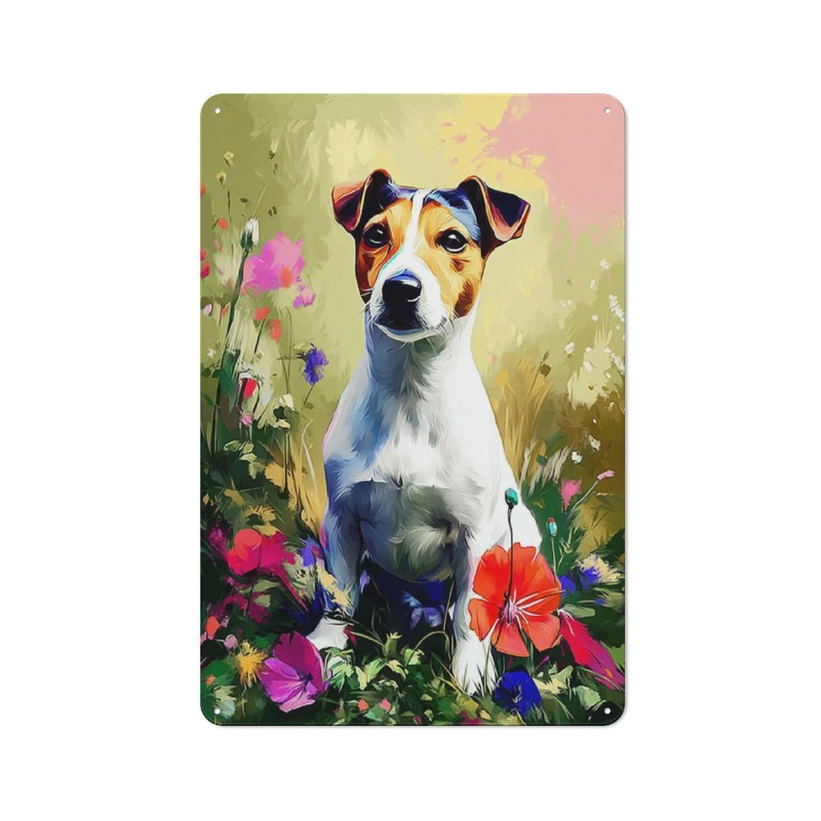 Junmoney Painted Jack Russell In Flowers For Hobby Room Or Studio, Rustic Metal Sign 30X20cm, For Creative Interior Collectors Refreshing A Room In Autumn