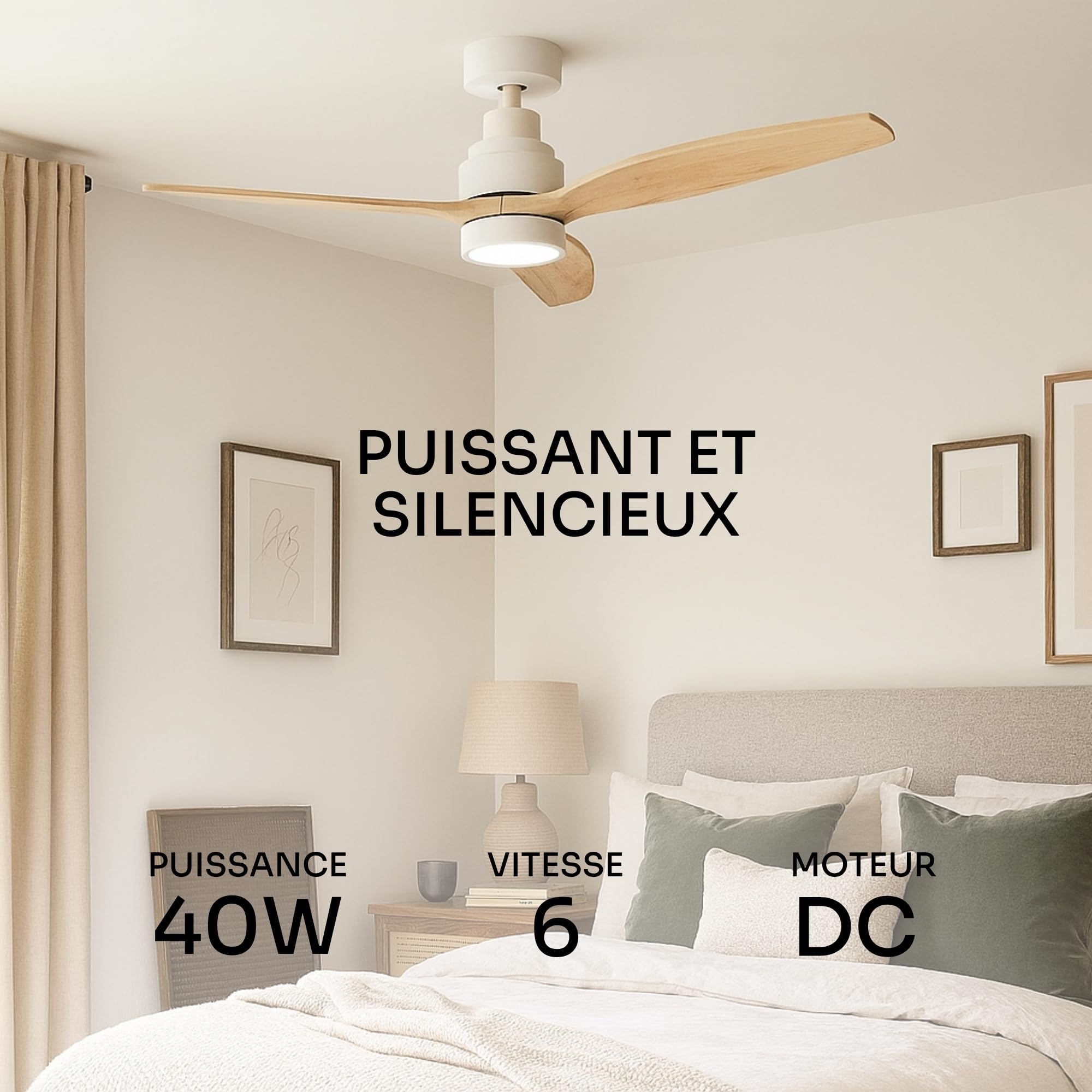Mellerware - Ventilateur de plafond avec télécommande Brizy! Bright 45W | Lampe puissante | Ultra silencieux | 3 lames | Diamètre 132cm | 6 vitesses | Refroidissement + LED intégrée | Bois clair