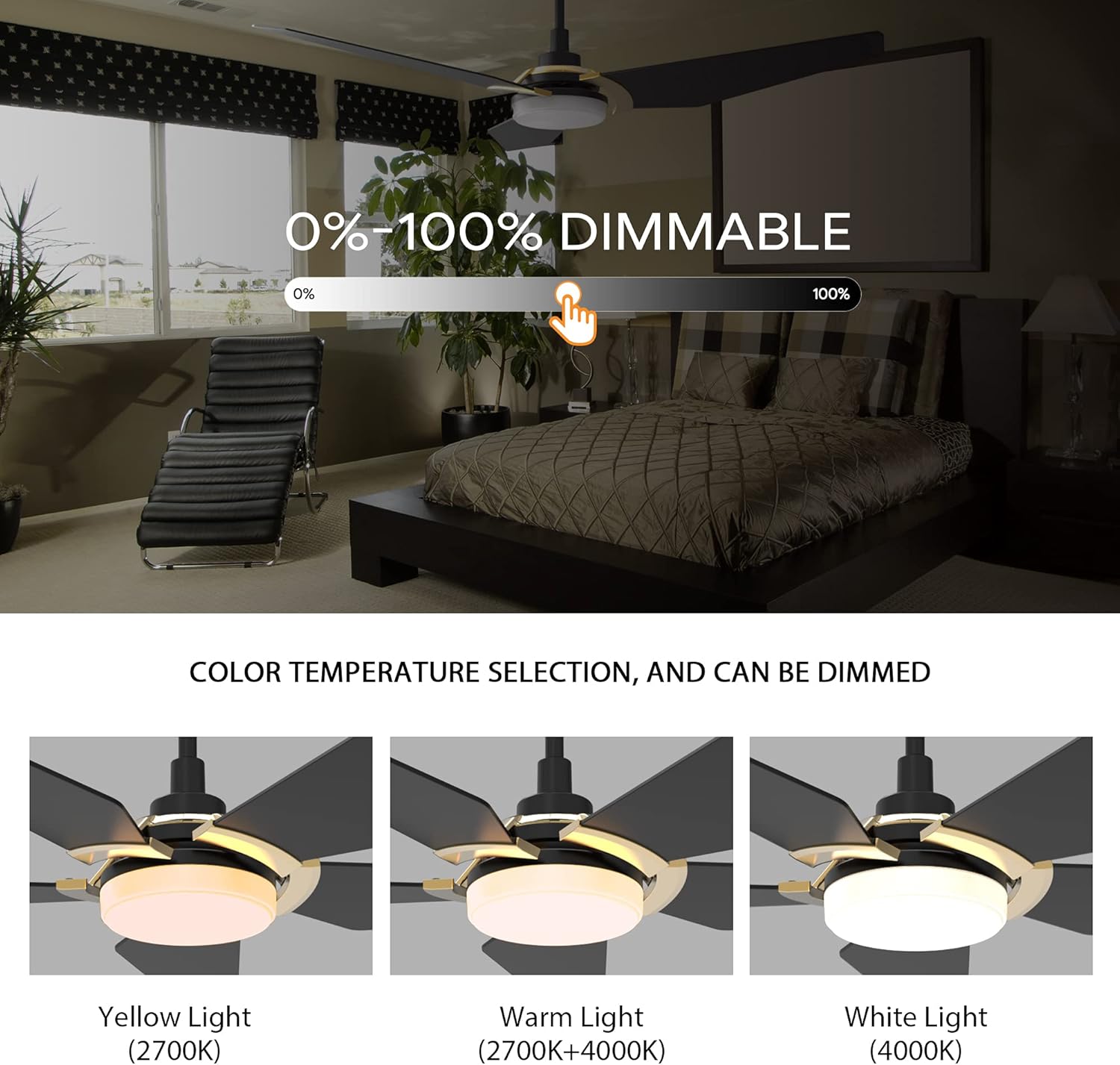 Three images showing the SMAAIR ceiling fan light in different color temperatures: Yellow Light (2700K), Warm Light (2700K+4000K), and White Light (4000K), with a dimmable scale from 0% to 100%.