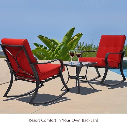 Miniatura 2 de Oakmont - Juego de muebles de exterior de 3 sillas mecedoras y mesa superior de cristal, cojines gruesos, acero negro
