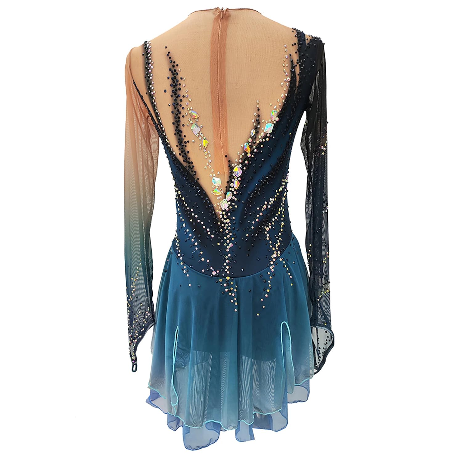 purpleq Eiskunstlauf Kleid für Damen Eislaufbekleidung für Mädchen Dunkelblaues Halo Färben Elastizität Professionelle Wettkampf Skating Bekleidung Kristall Warmes Langarmshirt