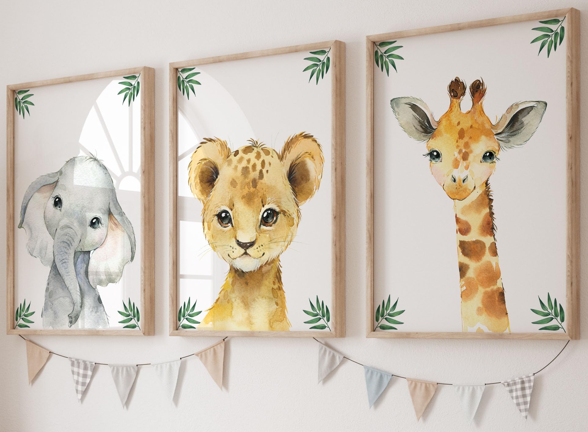 Eviepops Prints Safari Animals Baby Girl or Boy Nursery Bedroom Set of 3 Unframed Jungle Leaves Prints, Nursery Decor Wall Art Gift Present, Giraffe Elephant Lion (A2)
