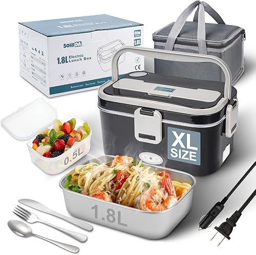 Miniatura 11 de Lonchera Calentada de 1.8L+0.5L para hombres, lonchera eléctrica de 80 W con utensilios de mango largo para adultos, lonchera Eléctrica portátil de