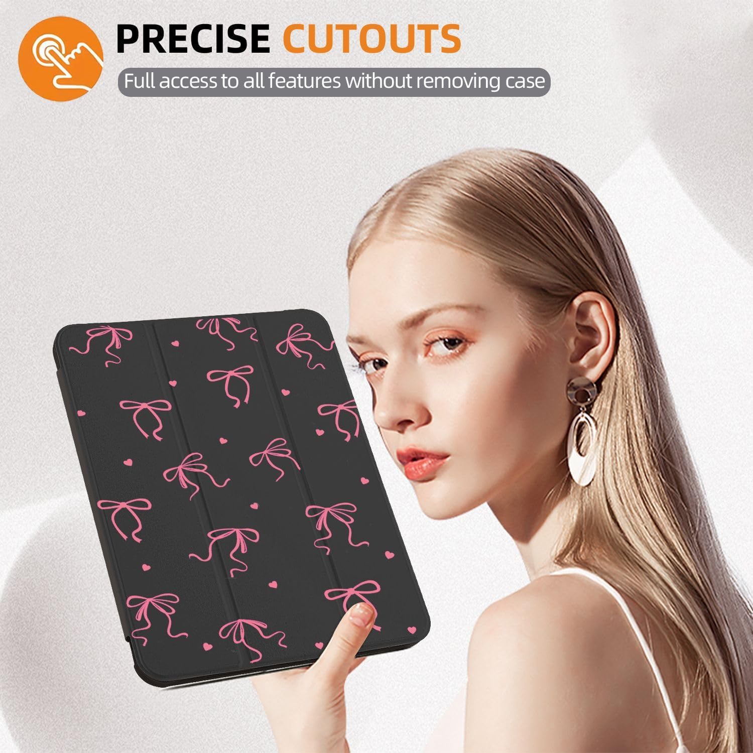 CozyNestCYCute Aesthetic Bow Case for Ipad 9Th/8Th/7Th 10.2 Inch Trendy Fashion Bows Cover for Ipad Auto Sleep/Wake Anti-Slip Shockproof Protective Silicone Case with Pencil Holder(Girls Women)