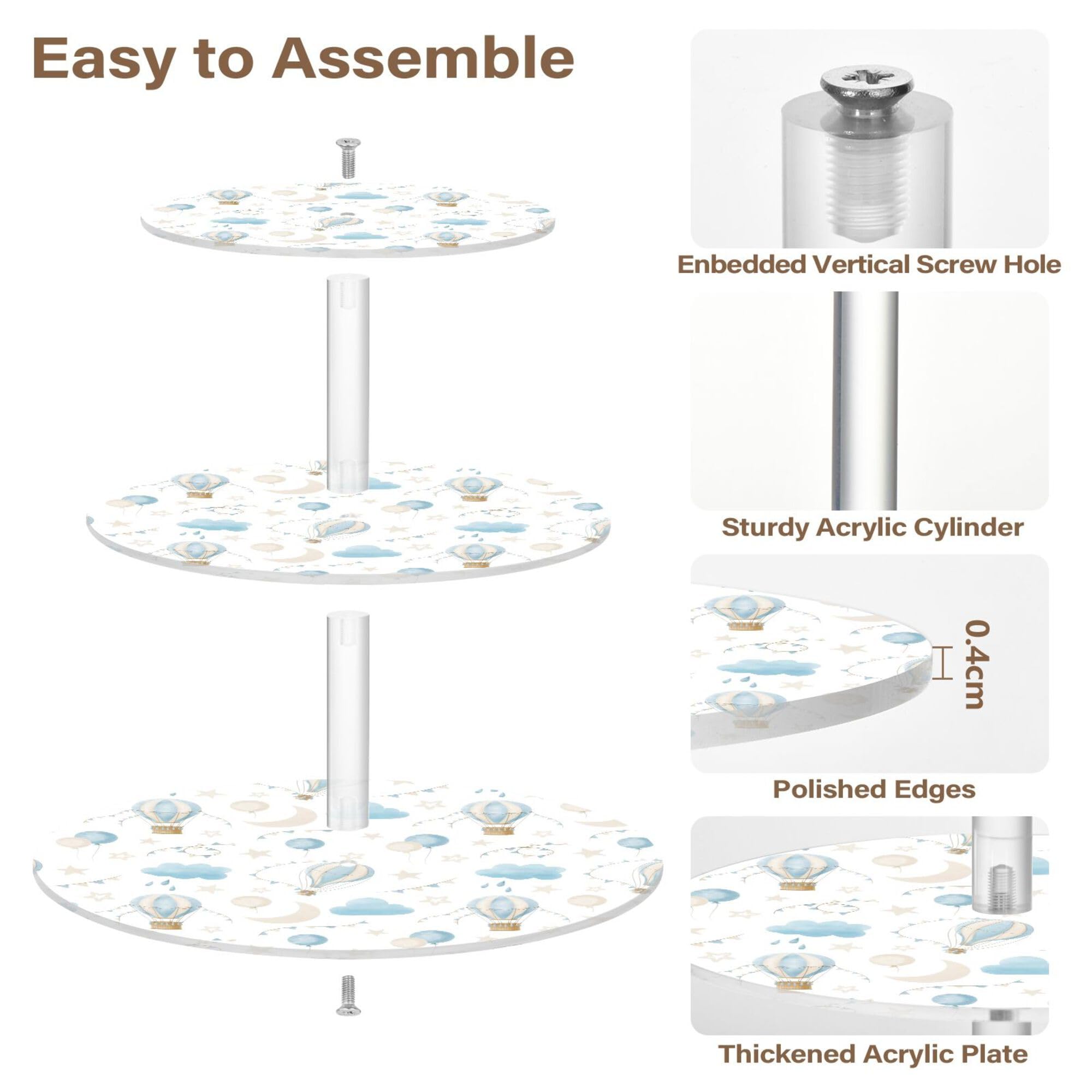 PYBUG Hot Air Balloon 3 Tier Acrylic Cupcake Stands Tower,Dessert Table Display Set for Tea Party,Wedding,Birthday, Baby Shower