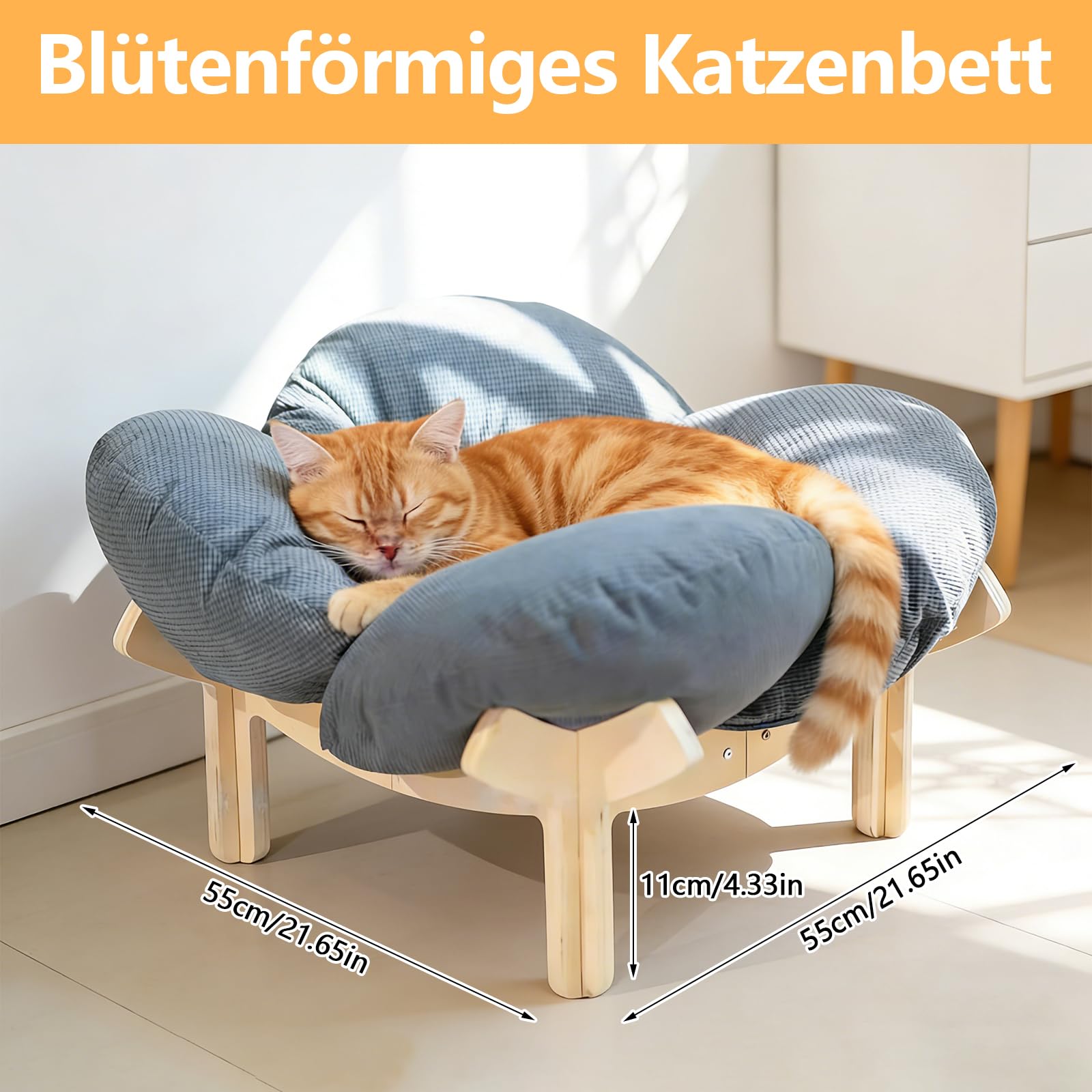 Erhöhtes Katzenbett aus Holz, Flauschiges Katzensofa in Blumenform, Katzenkissen mit waschbarem & Holzrahmen für kleine Katzen, Hunde, Katzenmöbel, 55L x 55W x 32H cm