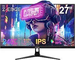 Monitor gamer Z-Edge de 27 polegadas, FHD 1080P 240Hz, MPRT ultrarrápido de 1ms, DCI-P3 99%, SRGB 120%, 8 bits, moldura sem moldura UG27PJ, 2 portas DP 1.4 e 2 portas HDMI 2.0