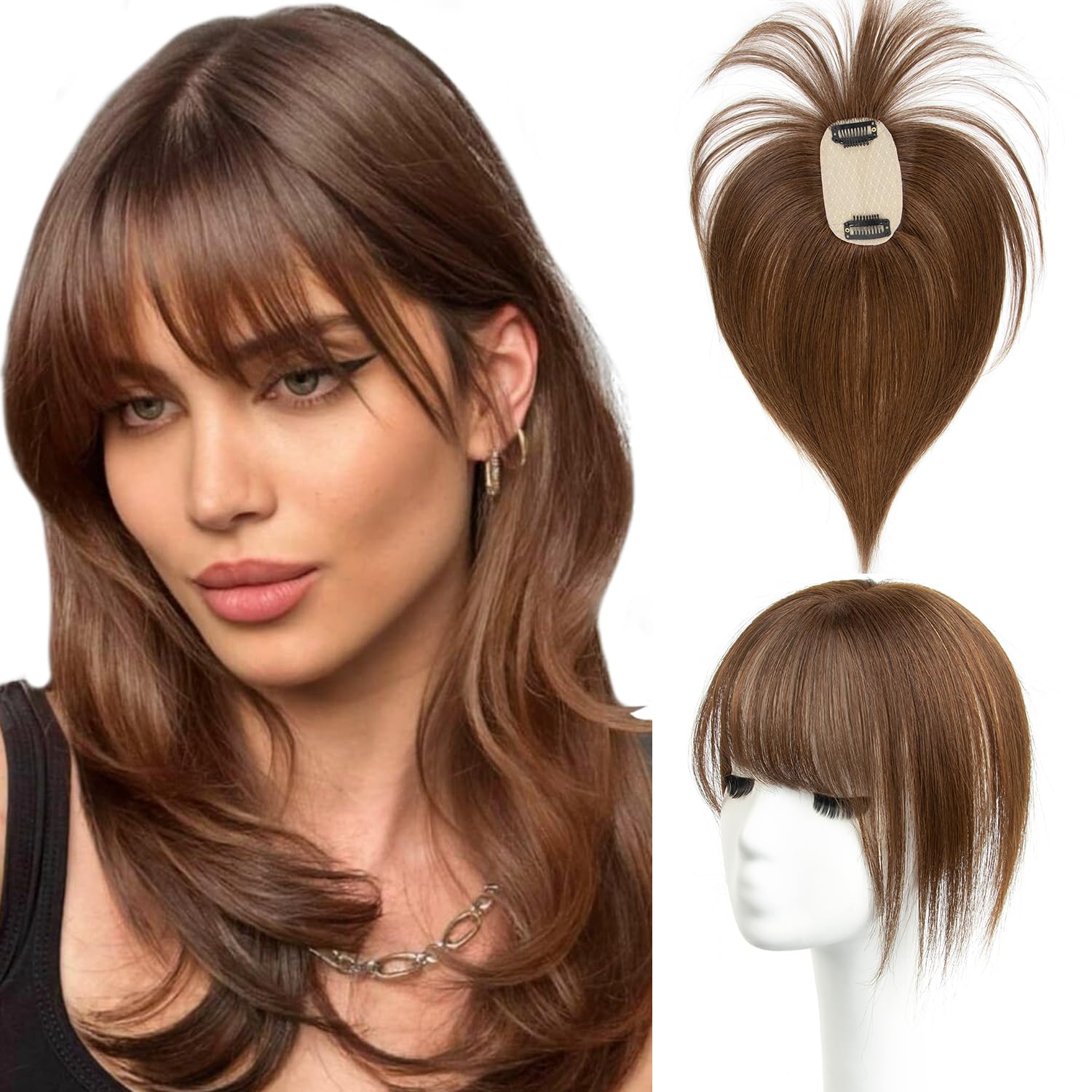Real Human Hair Hair Toppers for Women - 8 Inch, Medium Brown, for Adding Volume & Length, Ideal for Covering Thinning Hair(8#04) 8in 4# Medium Brown