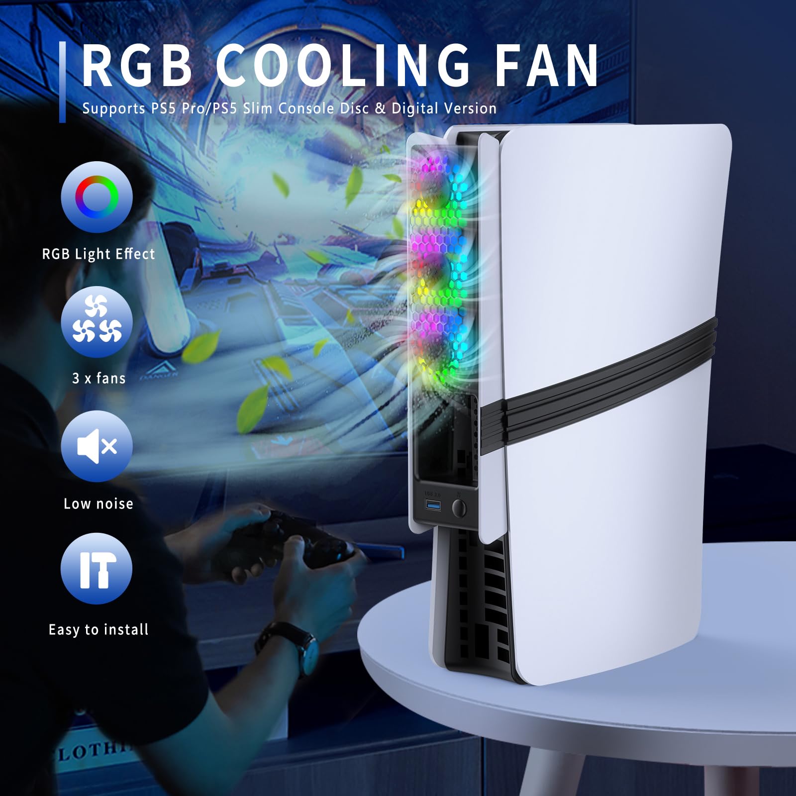 Ventilateur de refroidissement pour PS5 Pro/PS5 Slim, Refroidissement haute vitesse avec contrôle automatique de la température, faible bruit, éclairage RVB et port USB 3.0 pour les