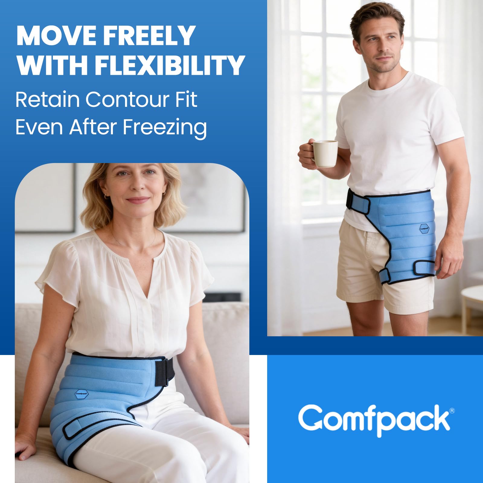 Comfpack Bolsa de hielo para cadera después de la cirugía con 2 horas de frío de larga duración, flexible y de enfriamiento uniforme para cirugía de reemplazo, ciática, bursitis