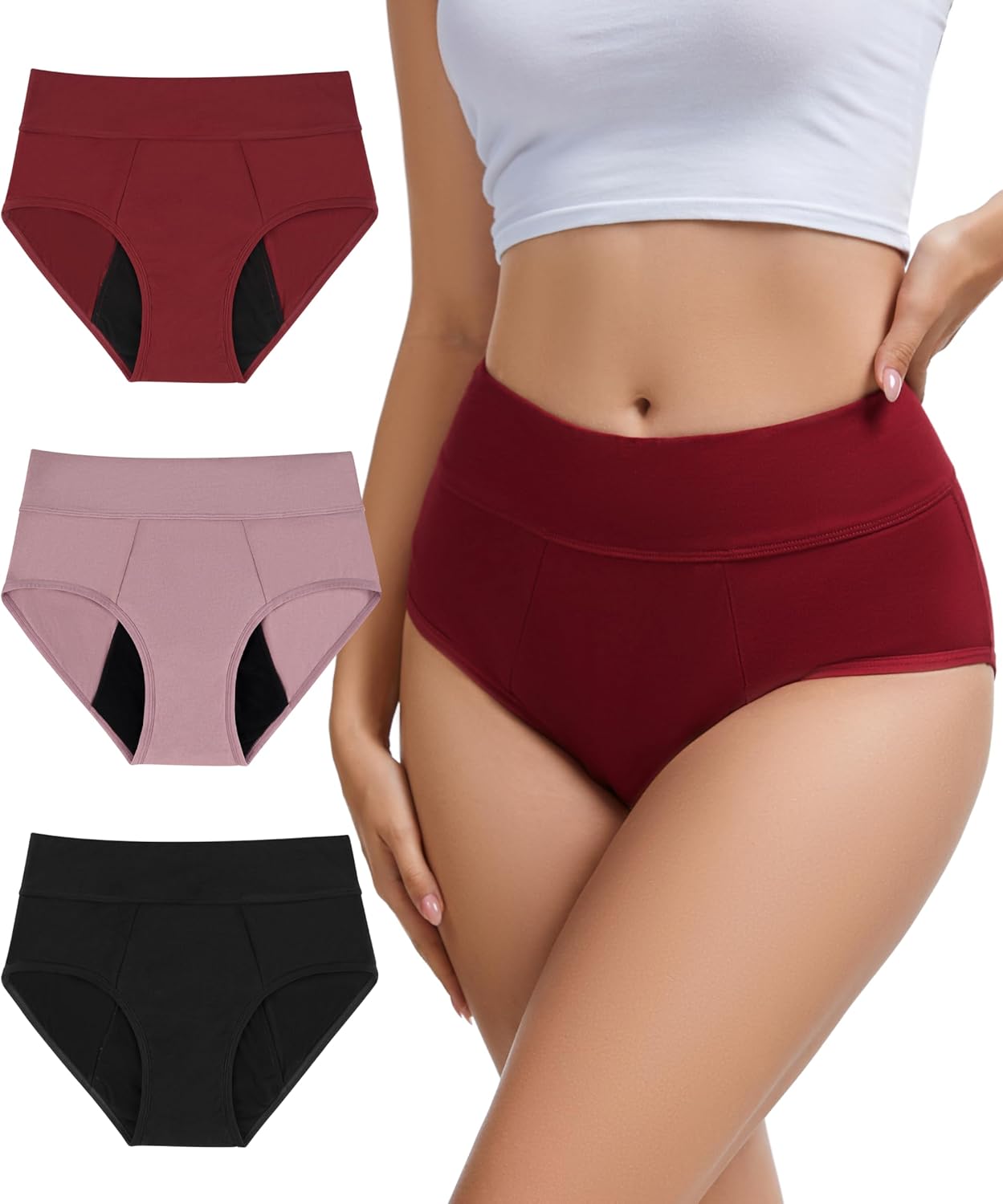 Period Underwear for Women, Leak-proof Reusable High Waisted Briefs Menstrual Panties, Heavy Flow, Cotton 3 Pack