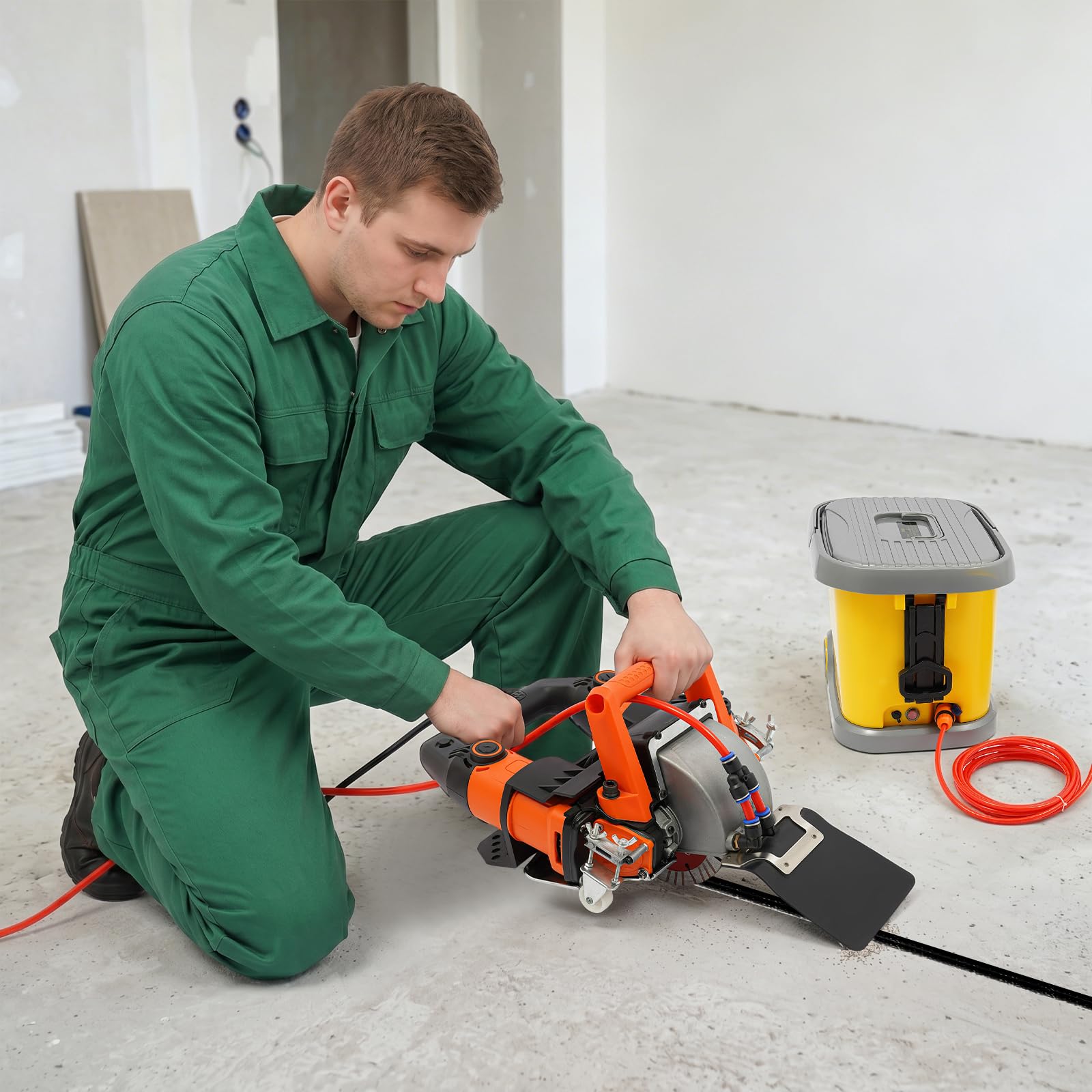 Chłodzona wodą bruzdownica z odsysaniem pyłu, elektryczna frezarka szczelinowa do betonu i muru | Silnik chłodzący wodą 5,2 kW, odsysanie pyłu do cięcia betonu i kamienia, ergonomiczny dla profesjonalistów