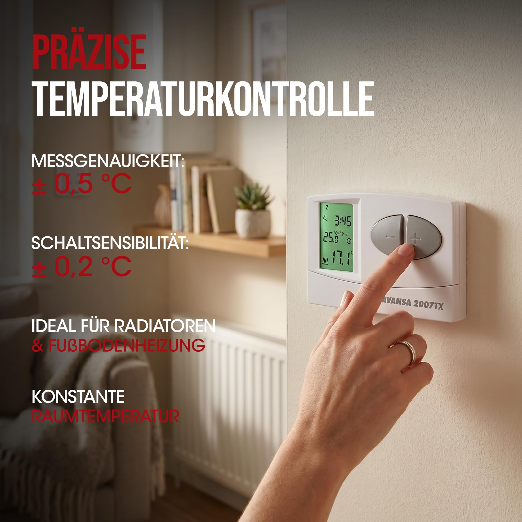 AVANSA 2007 TX programowalny radiowy termostat pokojowy – bezprzewodowy termostat tygodniowy do ogrzewania i chłodzenia – 24-230 V regulator ogrzewania z odbiornikiem