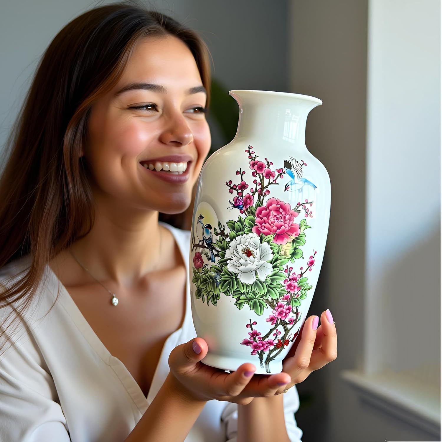 MTME Porcelain Figurines, Jingdezhen Decorative Flower vase, Blessings Sr. Home Decor, Wedding Gifts, Aesthetic Sculpture Home décor (Peonies and Birds) image 5