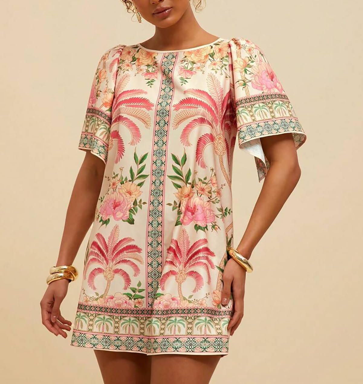 Women's Flared Sleeves Floral Short Dress Crewneck Open Back Summer Casual A Line Vacation Dresses