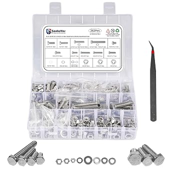 Nuts and Bolts Assortment Kit, 262 Pcs 304 Stainless Steel Bolts and Nuts Kit, A2 Hex Head Nut and Bolt Set #1/4-20, #5/16-18, #3/8-16, with Flat and Lock Washers