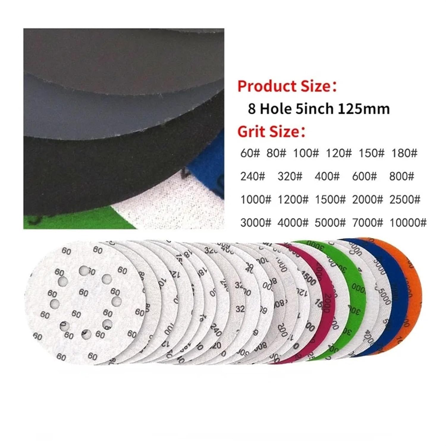 60-10000 Grit Round Shape Sanding Discs Hook Loop Sanding Paper Buffing Sheet Sandpaper 5inch Sandpaper 125mm 8 Hole Sander Pad (Color : 10pcs, Size : 7000)