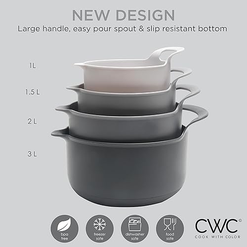 Vista 120 de COOK WITH COLOR Nesting - Juego de cuencos de plástico para mezclar con boquillas y asas, color rosa, 4 piezas antideslizantes