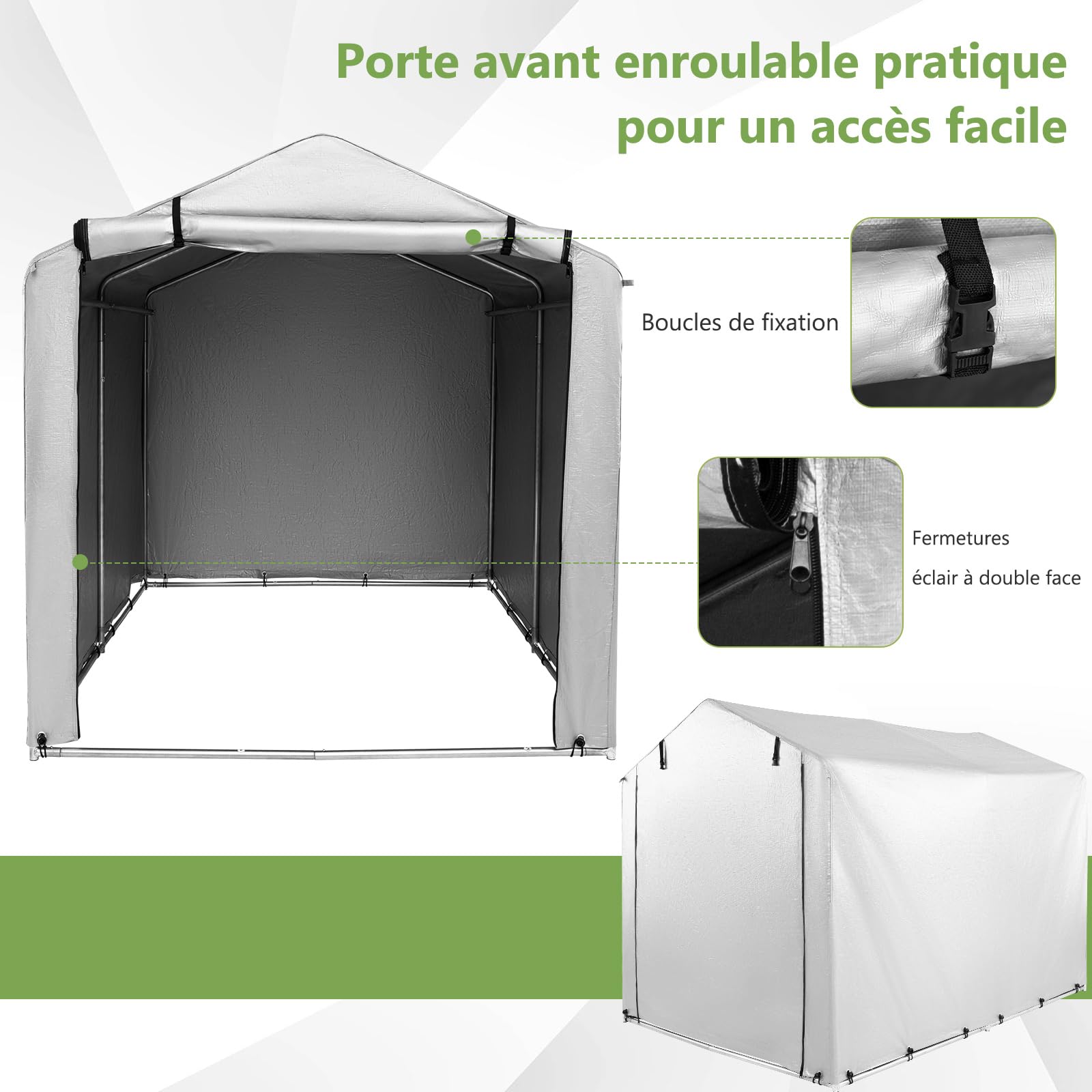 COSTWAY Abri de Vélos Extérieur de 160 x 218 x 164 cm, Abri de Garage Portable pour Vélos avec Porte à Fermeture Éclair Enroulable, Bache Motos pour Terrasse Jardin Cour (Gris Argenté)