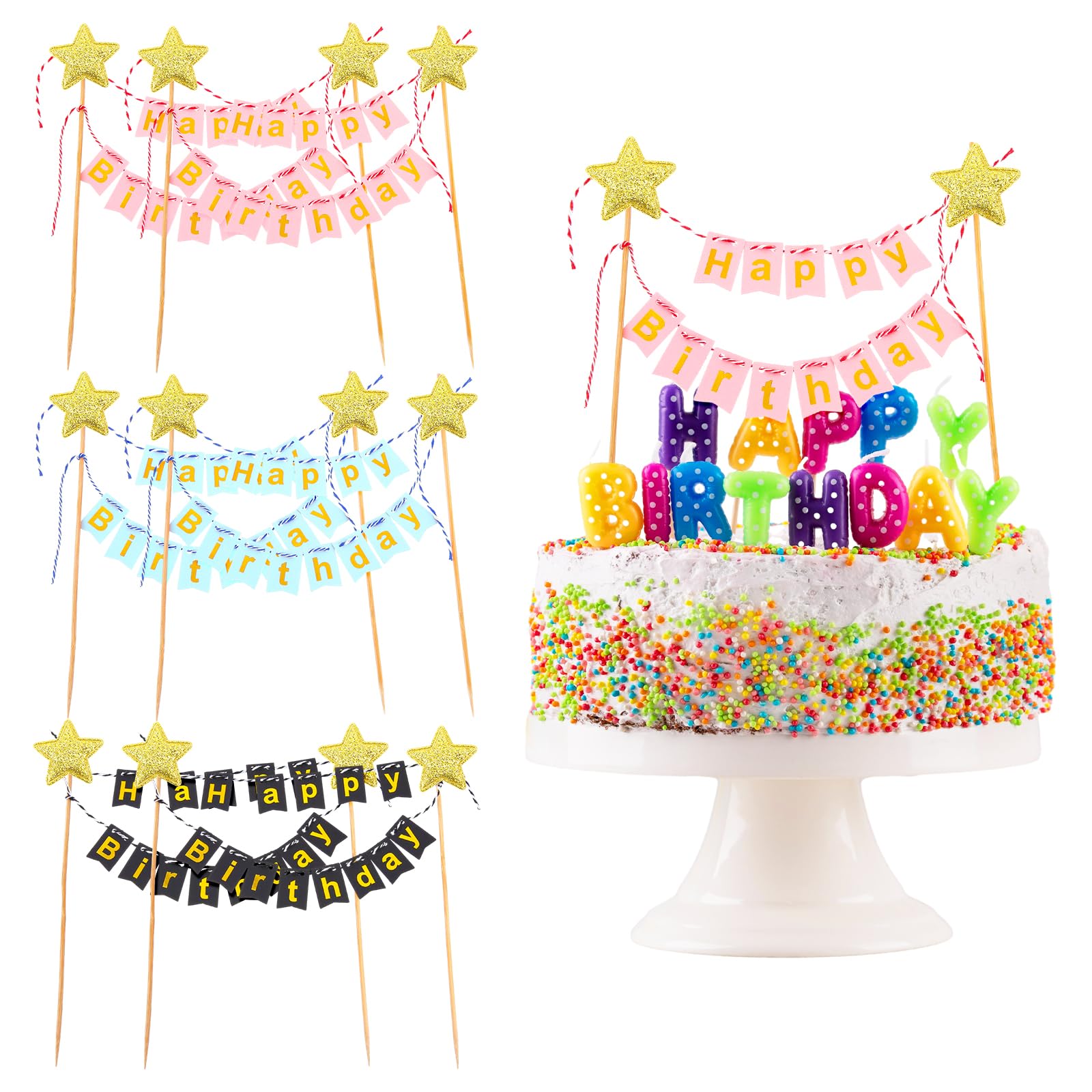 6 Sets Happy Birthday Tortendeko Kuchenaufsatz, Happy Birthday Cake Topper Cupcake Topper Girlande Geburtstag Wimpelkette Banner Kuchenaufsätze Goldene Sternflagge für Jungen und Mädchen
