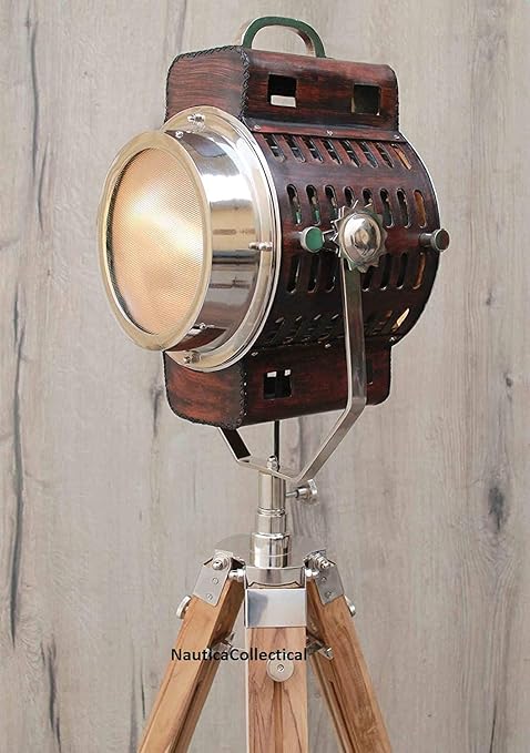 NauticaCollectical Hollywood-filmset uit de jaren 60 - industriële statiefvloerlamp - teakbruin - hotellobby - restaurant - vloerlamp voor woonkamer slaapkamer, vintage schijnwerper leeslamp