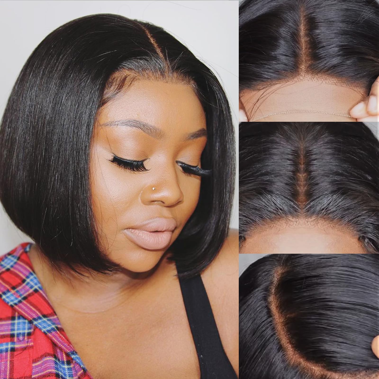 USTAR 5x5 Bob Wig Human Hair - 200% Density Wear and Go Glueless Wig Bob Wig Human Hair Pre Plucked,HD Lace Closure Bob Wig,Ready to Wear Wigs Glueless Human Hair for Women (Natural Black 8inch)