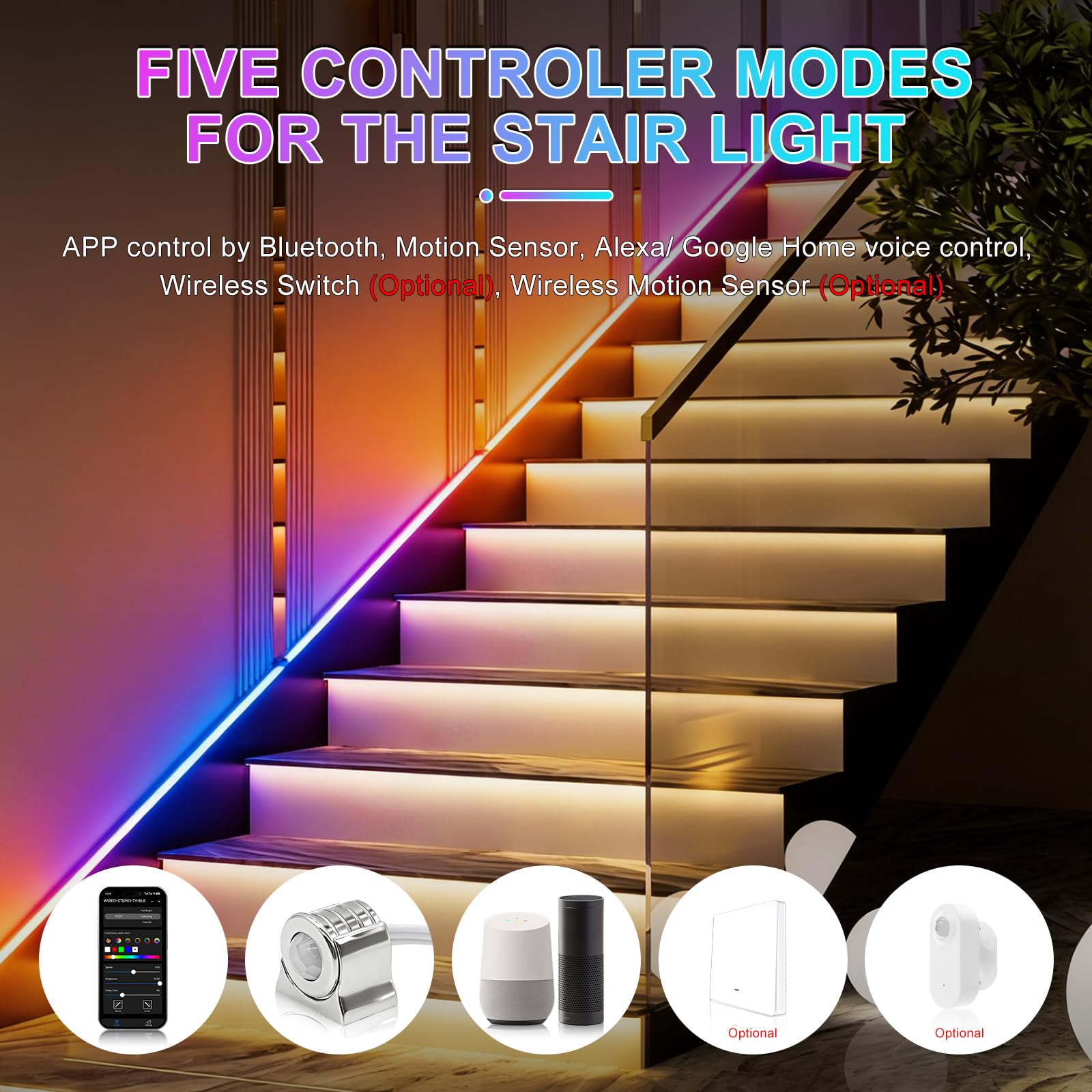 Tuya Contrôleur d'éclairage d'escalier avec détecteur de mouvement, commande LED à 32 niveaux, application Bluetooth compatible avec Alexa Google Home, lumière de course SPI RVB et bande LED 12 V 24 V