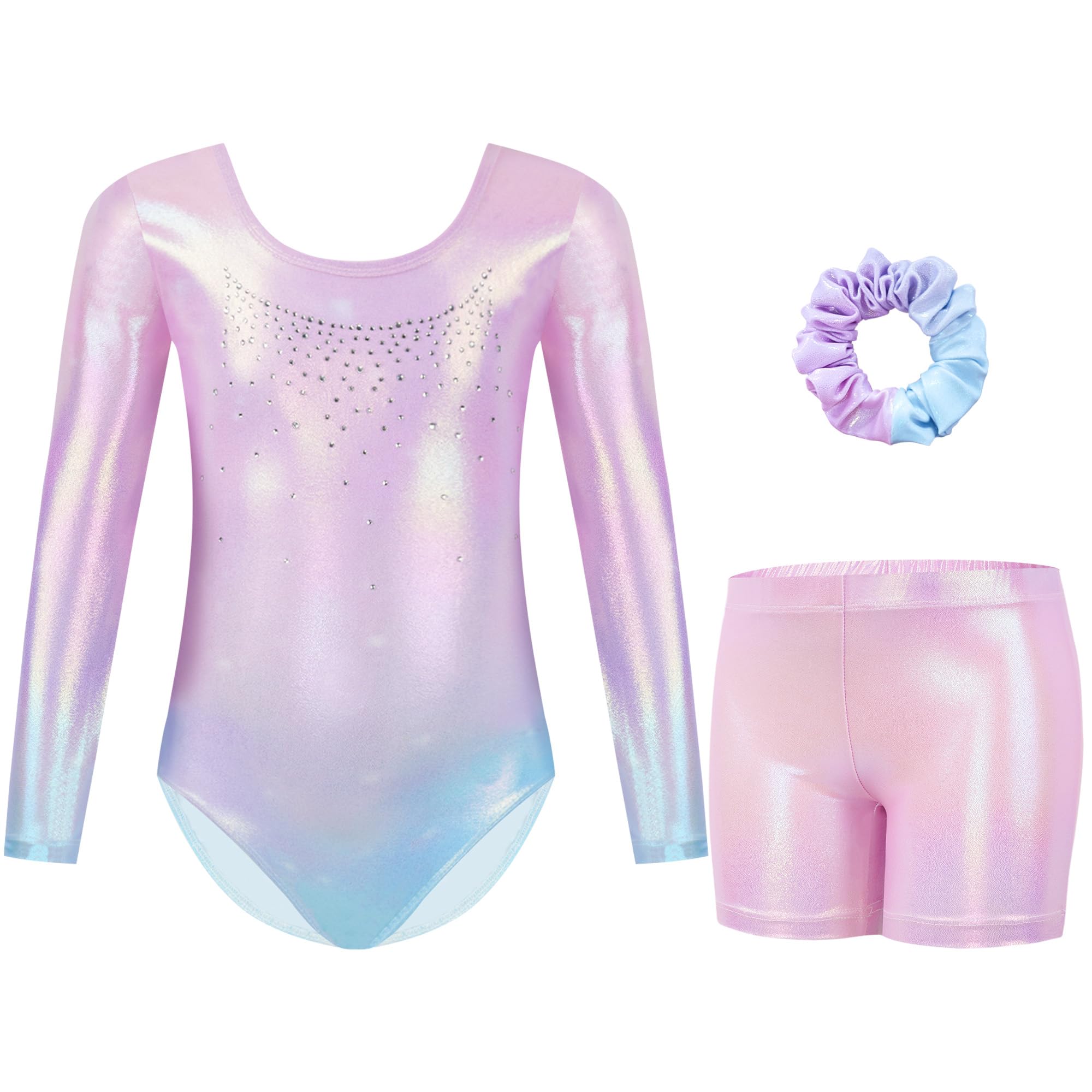Gogokids Mädchen Dreiteilige Gymnastikanzüge, Langärmliges Gymnastik Set mit Shorts und Haarband, Glitzernde Balletteinheitstrikots - Gymnastik Outfit mit Farbverlaufdesign für 3-12 Jahre