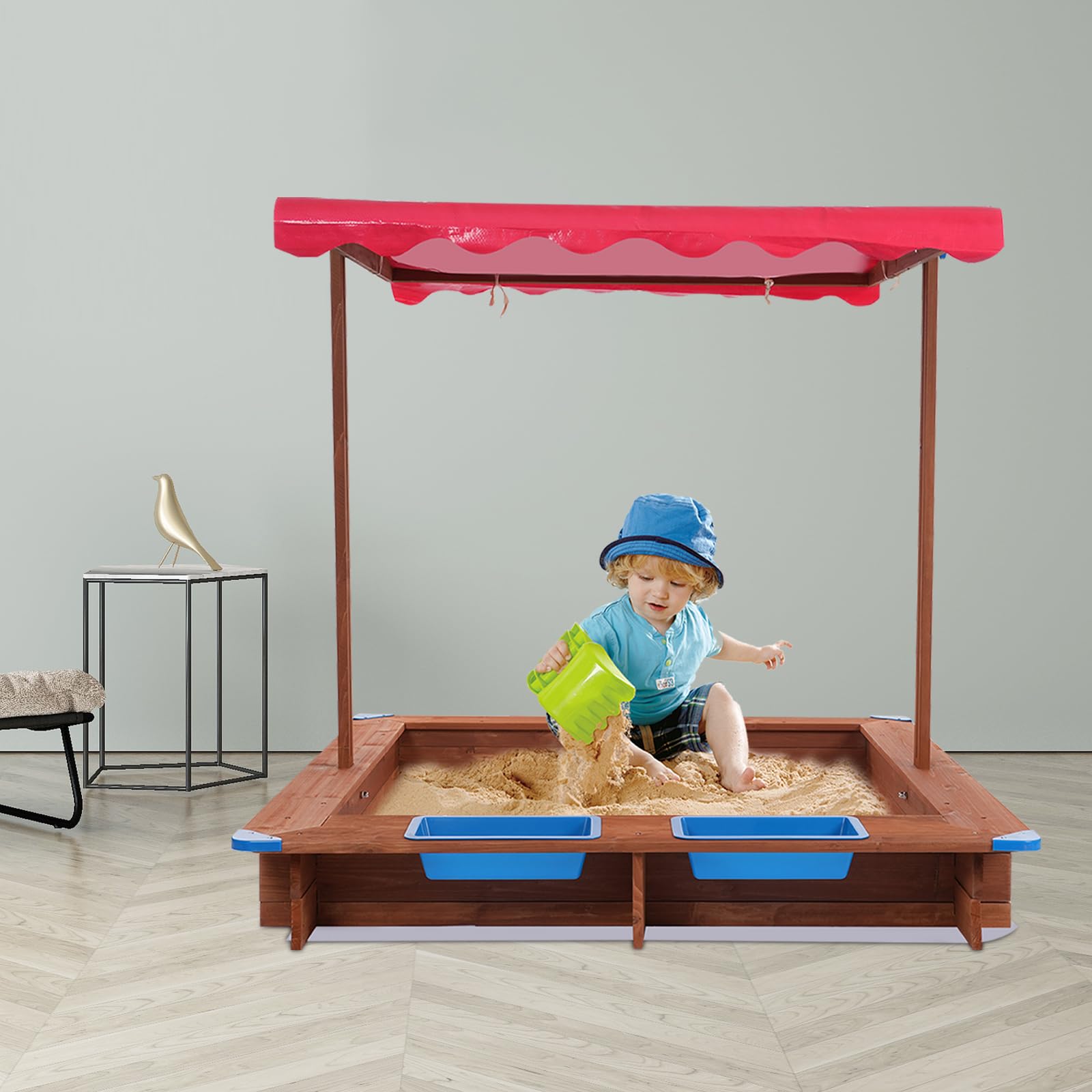 Sabbiera con tetto, 121 x 126 cm, in legno, girevole e regolabile in altezza, protezione sandbox con cucina fangosa, scatola di sabbia inclusa in tessuto non tessuto contro erbacce e parassiti,