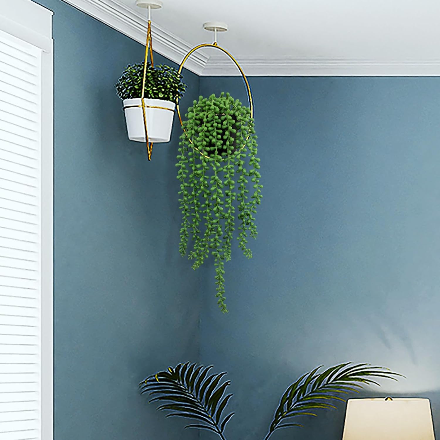 LOYWREE 3Pcs Fake Plants Indoor Artificial String of Pearls Plant in Black Pots, Realistic Green Faux Succulent Hanging Plants for Shelf Decor Desk Home Garden Decorations